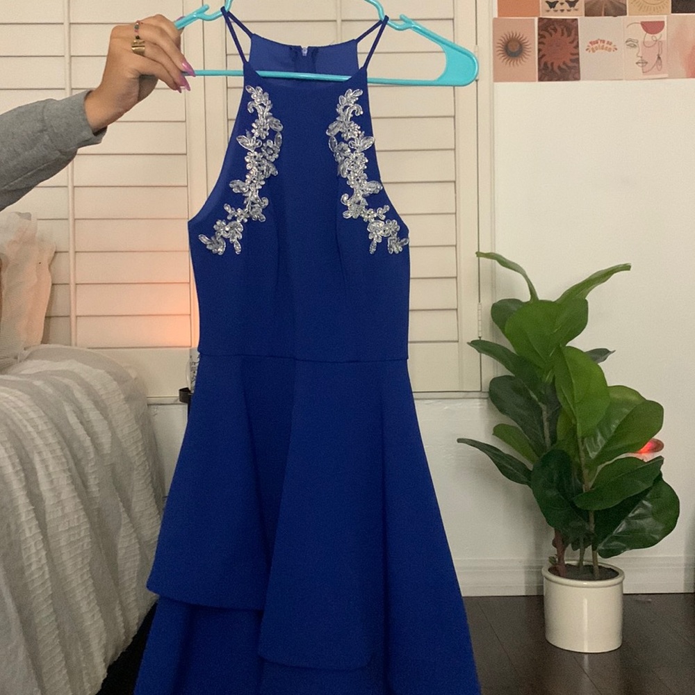 Blue midi dress with silver accents